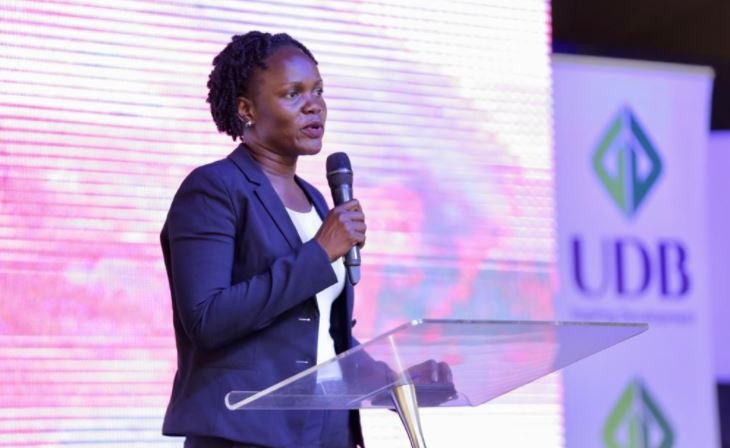 Patricia Ojangole, the Chief Executive Officer of Uganda Development Bank addresses guests at the business forum that was held at Watoto Church hall in Gulu city on Friday.