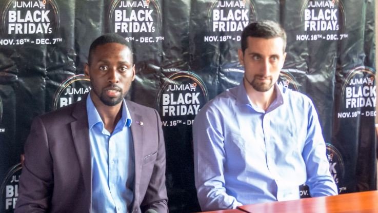 Ron Kawamara(L), the new ceo for Jumia Uganda addresses media. Looking on is Massimiliano Spalazzi, Jumia’s co-CEO.