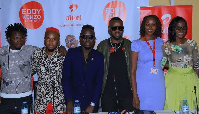 Eddy Kenzo with part of Big Talent and Airtel's Noela and Sumin pose for a group photo.