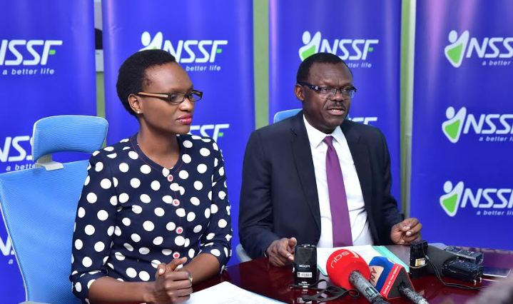 NSSF Head of Marketing and Communications, Barbra Arimi and Patrick Ayota, NSSF Deputy Managing Director addressing the press